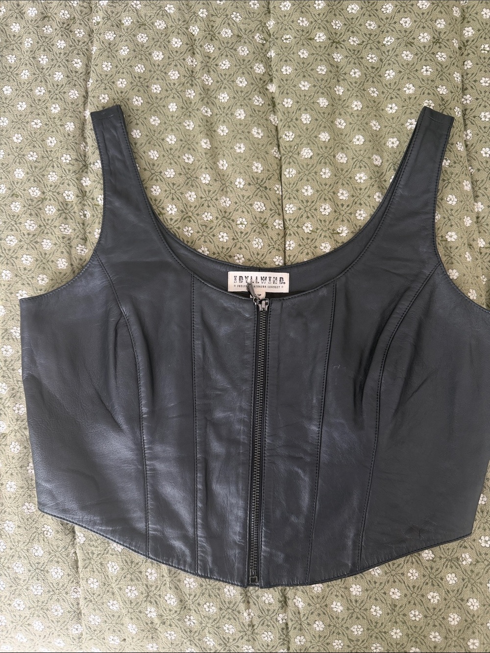 Black Leather Zip-Front Crop Tank